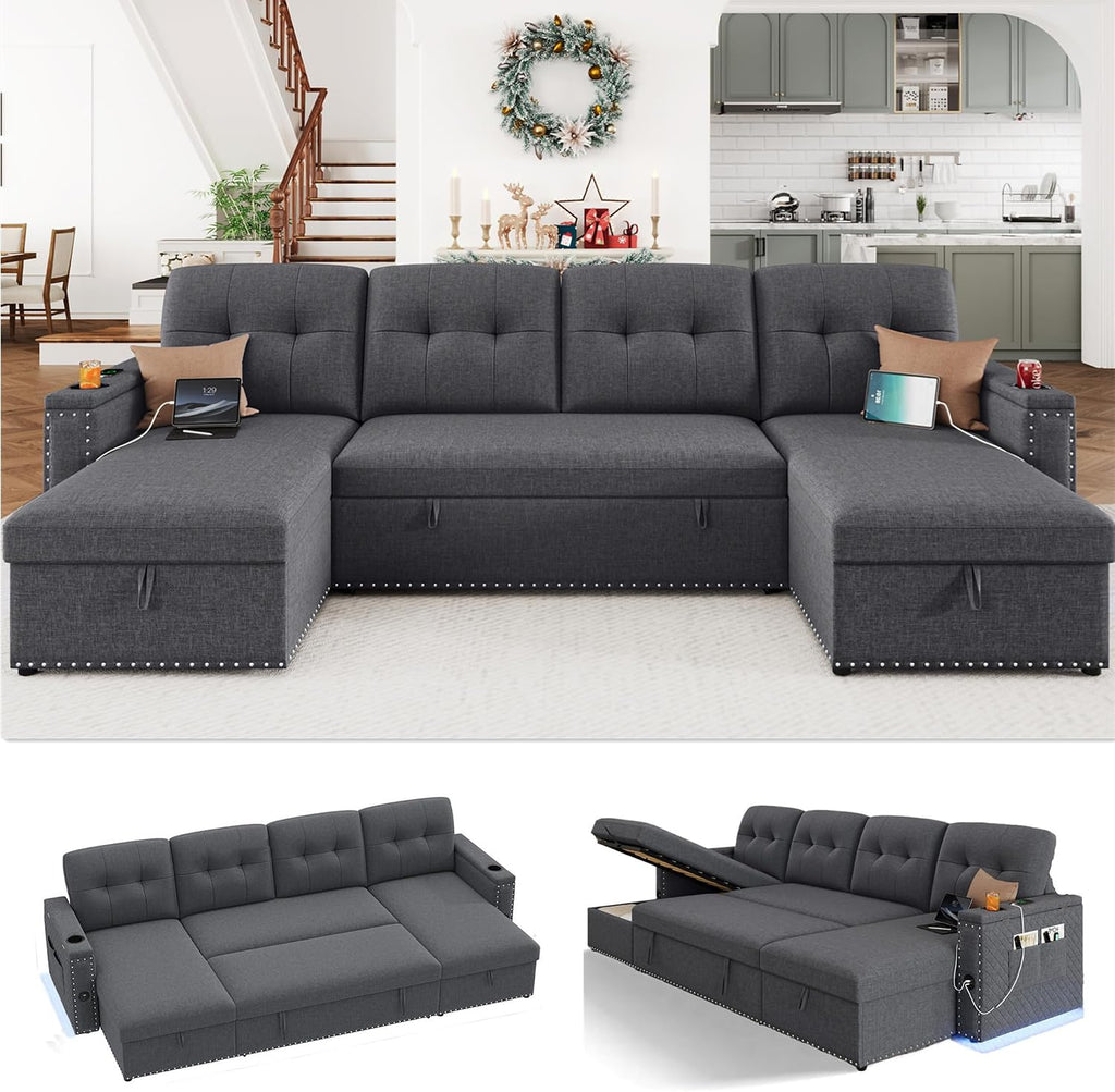 HIFIT 106' Sectional Couches for Living Room- Pull Out Sleeper Sofa Couch w/Storage Chaise,Storage Armrest,LED Light&USB Port&Cupholder, Modern Linen U Shaped Home Sofa Living Room Furniture Set, Grey