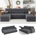 HIFIT 106' Sectional Couches for Living Room- Pull Out Sleeper Sofa Couch w/Storage Chaise,Storage Armrest,LED Light&USB Port&Cupholder, Modern Linen U Shaped Home Sofa Living Room Furniture Set, Grey