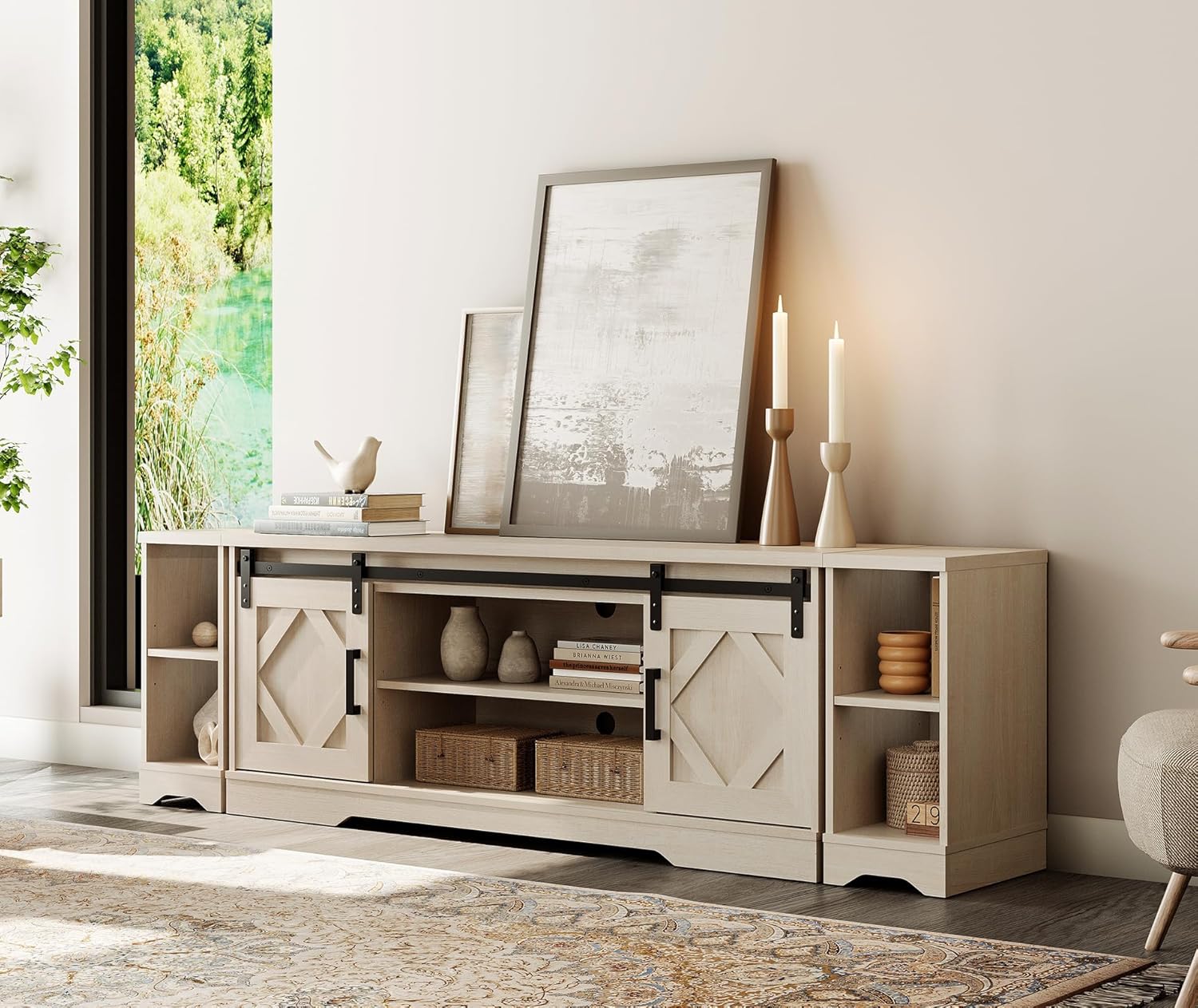 WAMPAT 3-in-1 Modern Farmhouse TV Stand for up to 85' TV, 23.6' H Wood Entertainment Center with Sliding Barn Door and Adjustable Media Storage Shelf for Living Room, Beige