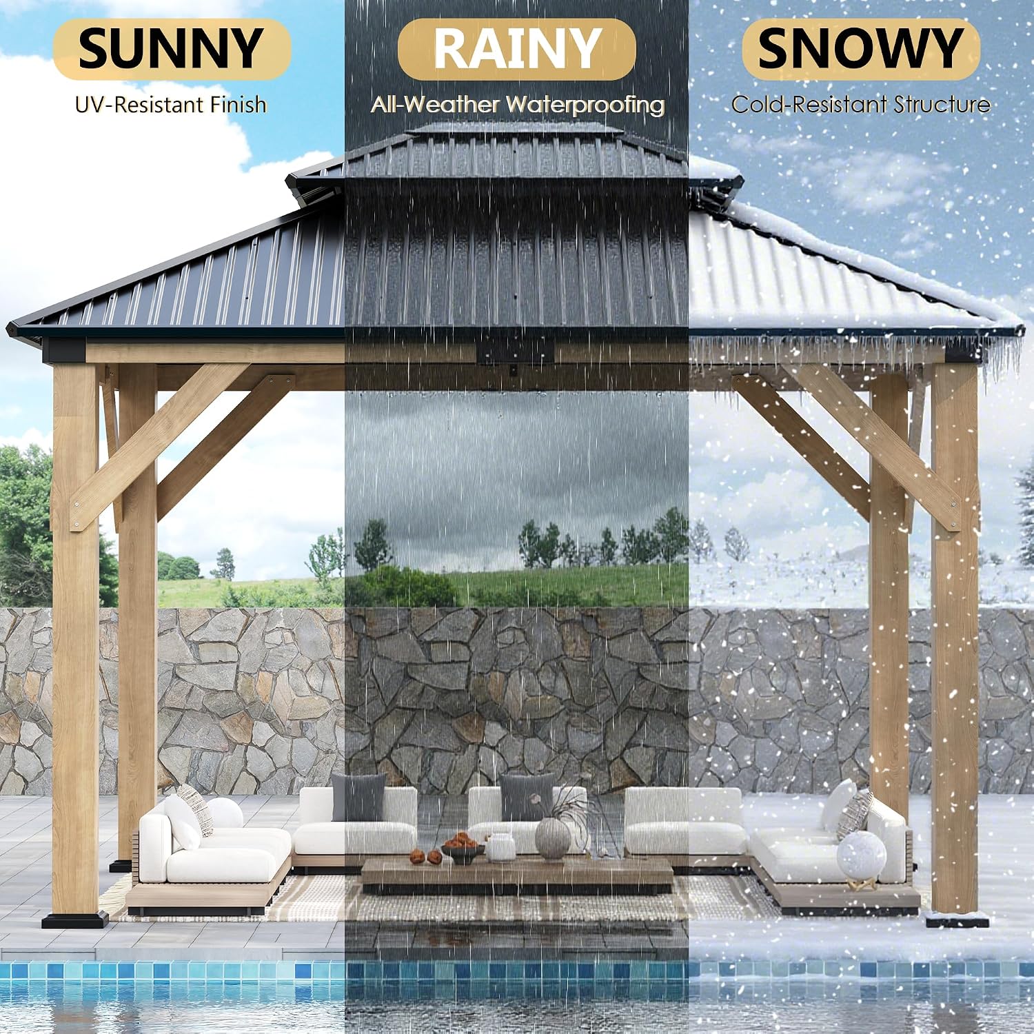 ROCSUMOO 13'x 15' Outdoor Wooden Gazebo, Patio Hardtop Gazebos with Double Roof, Double Galvanized Steel Hardtop Roof Wood Frame with Netting and Curtains (13'x 15')