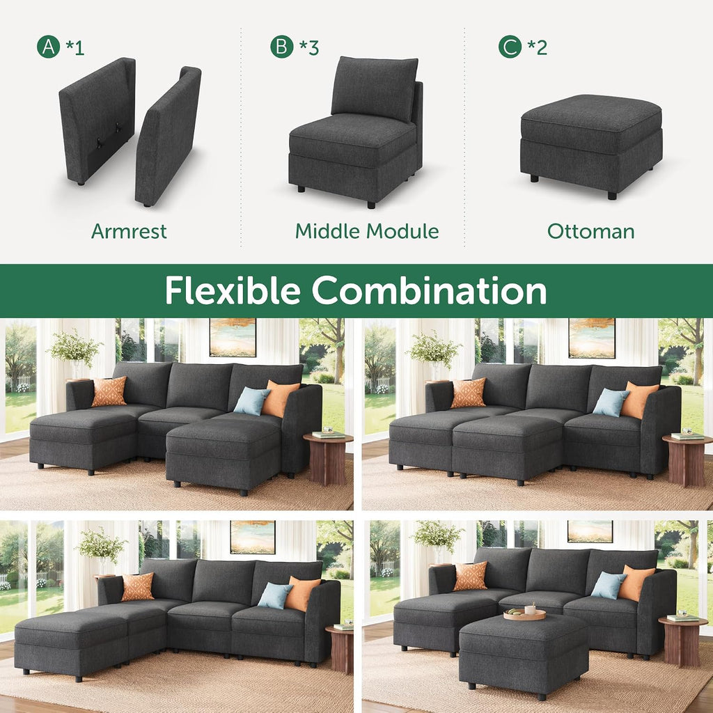 HONBAY Modular Sectional Sofa with Storage U Shaped Sectional Sofa, Convertible Couches for Living Room - Snowflake Velvet Grey