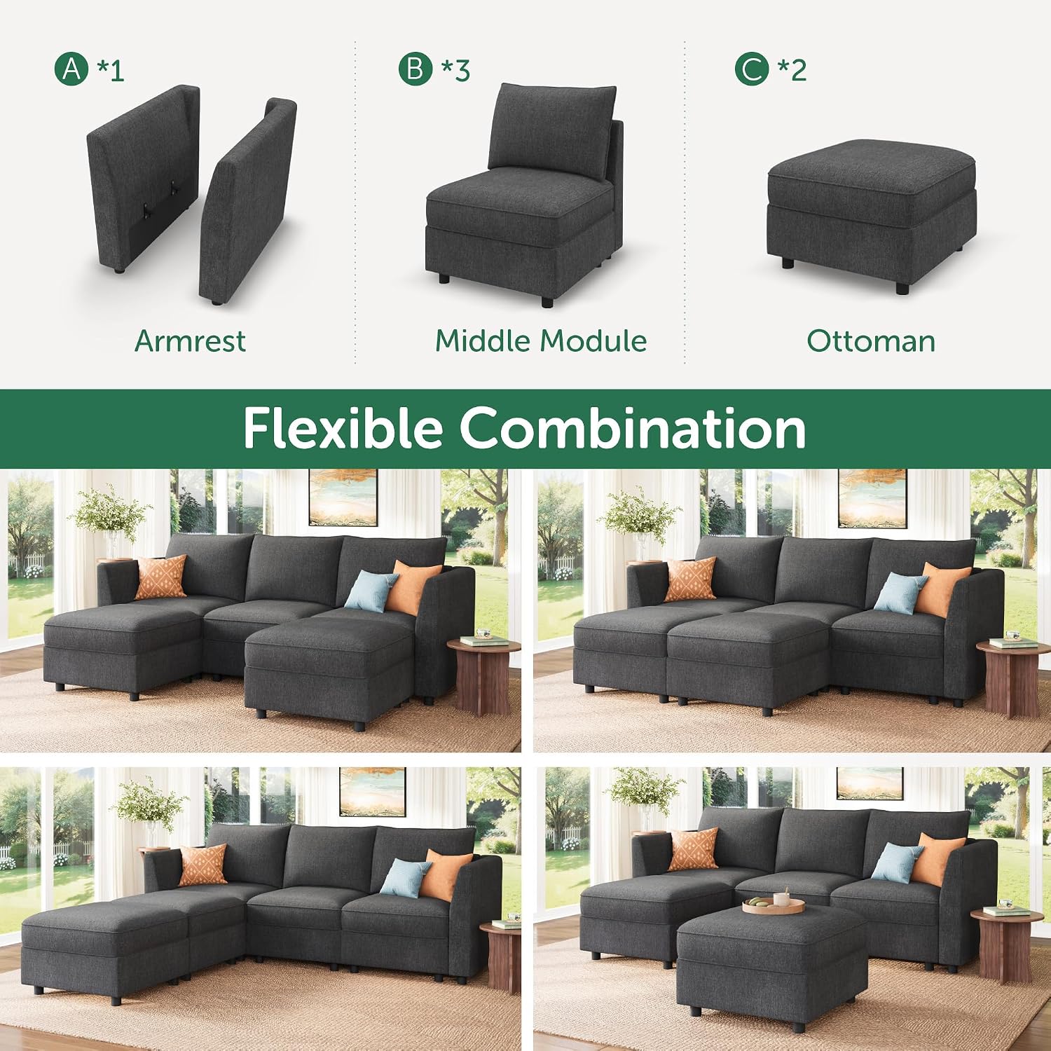 HONBAY Modular Sectional Sofa with Storage U Shaped Sectional Sofa, Convertible Couches for Living Room - Snowflake Velvet Grey