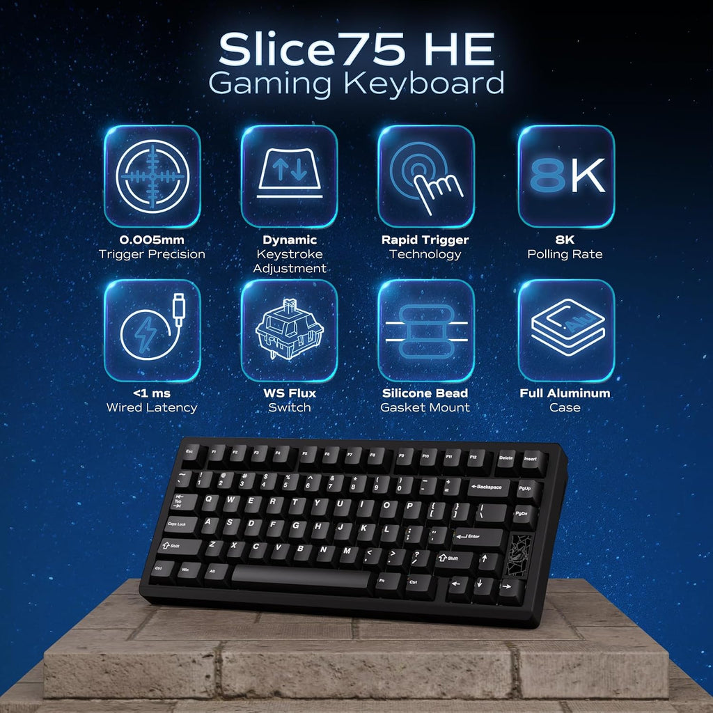Mechanical Keyboard, Chilkey Slice75 HE Gaming Keyboard Wired, 75% Hall Effect Magnetic Aluminum Keyboard with WS Flux HE Clacky Switch, Rapid Trigger, 8K Polling, Per-Key RGB Custom, PC/Mac Support