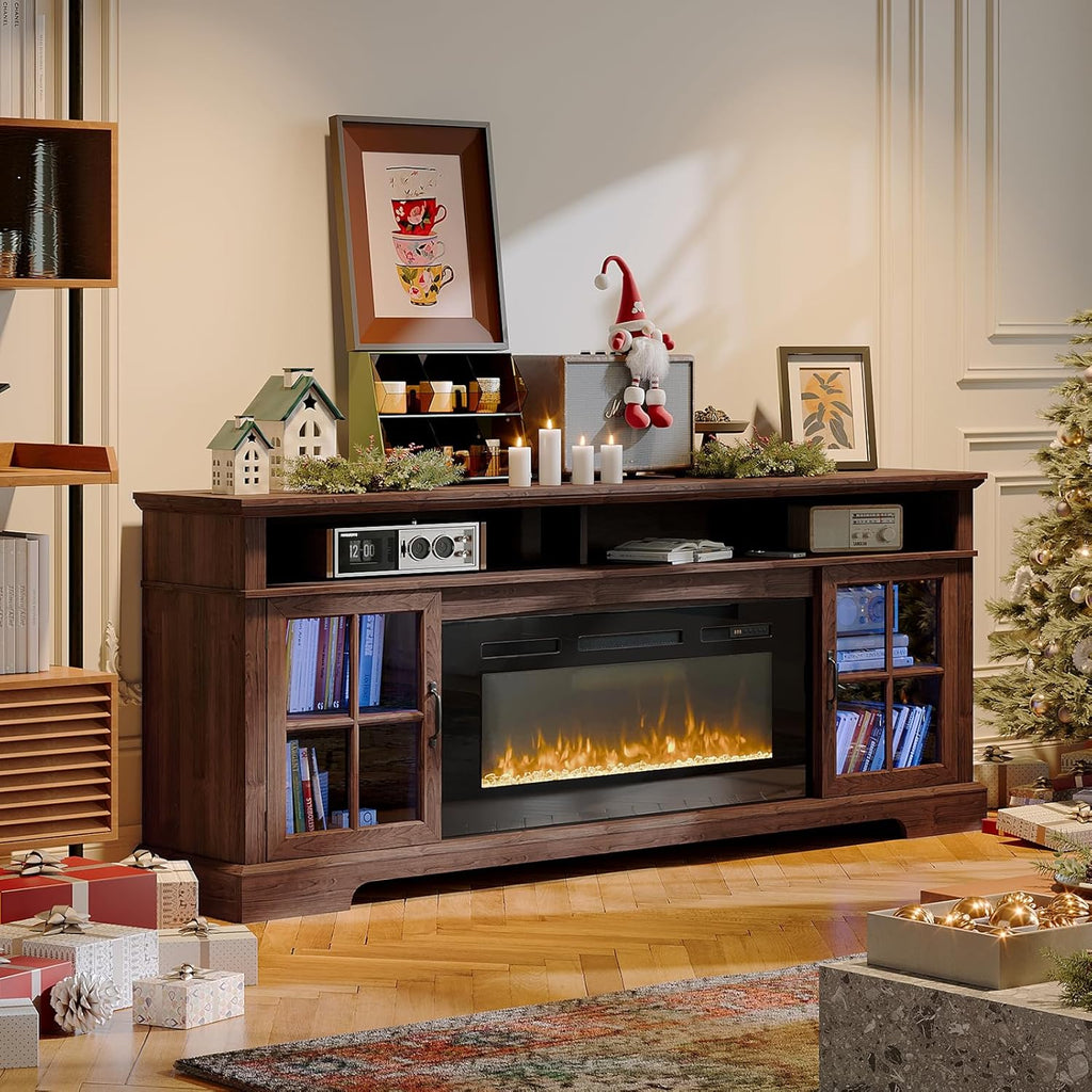 70' Farmhouse TV Stand with 36' Fireplace for TVs up to 80', Media Entertainment Center with Adjustable Shelves and Large Storage Cabinets, for Living Room, Brown & Black