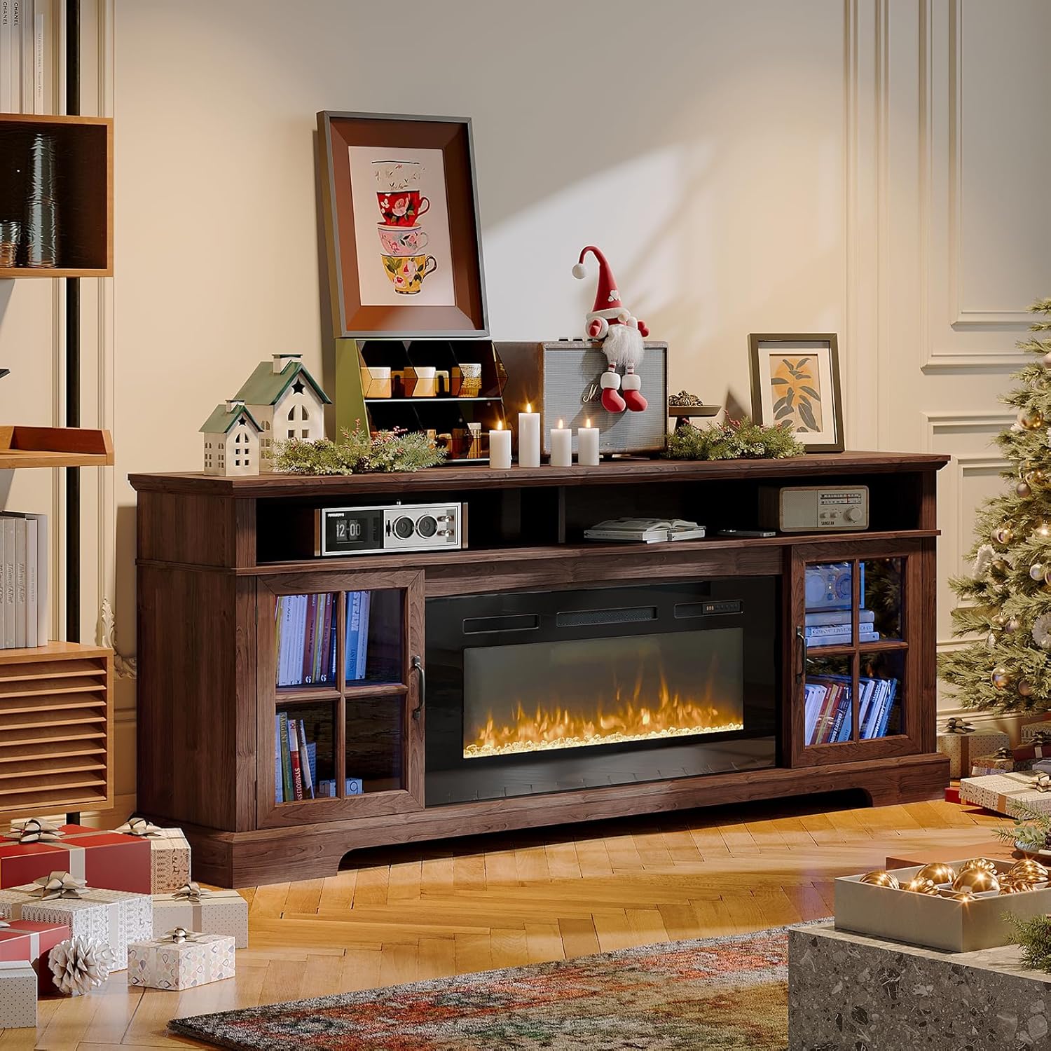70' Farmhouse TV Stand with 36' Fireplace for TVs up to 80', Media Entertainment Center with Adjustable Shelves and Large Storage Cabinets, for Living Room, Brown & Black