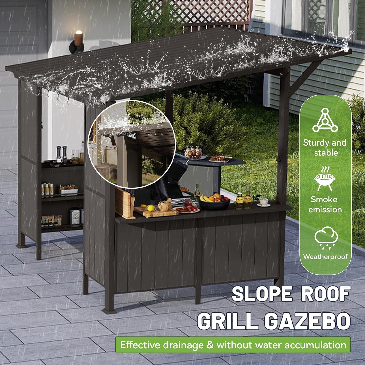 GOWE 9X10FT Hardtop Grill Gazebo, Lean to Outdoor BBQ Gazebo with Storage Shelves and Expansion Platform, Galvanized Steel Permanent Hard top Grill Canopy for Patio Backyard Lawn Garden -Brown