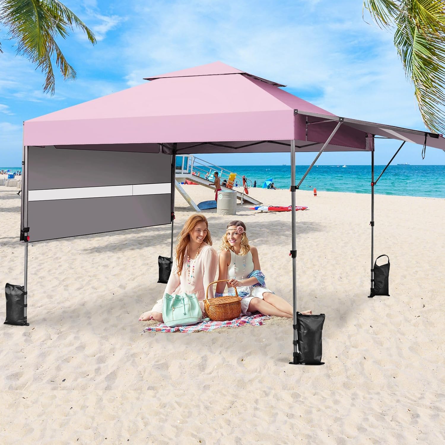 HAPPYGRILL Pop Up Canopy with Dual Awnings 10x17.6 FT, Outdoor Gazebo Shelter with Portable Wheeled Carrying Bag, Easy Setup Instant Tent for Patio Camping Picnic (Pink)