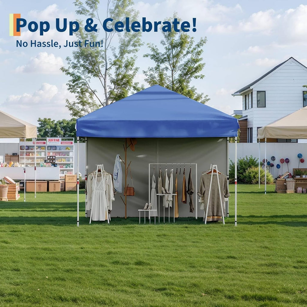 10x10 Pop Up Canopy, GarveeLife Heavy Duty Canopy Tent with One-Button Push Setup, Portable Roller Bag and 1 Sidewall, Pop Up Canopies with Adjustable Height and 4 Weight Bags (Blue, 10x10 1sidewall)