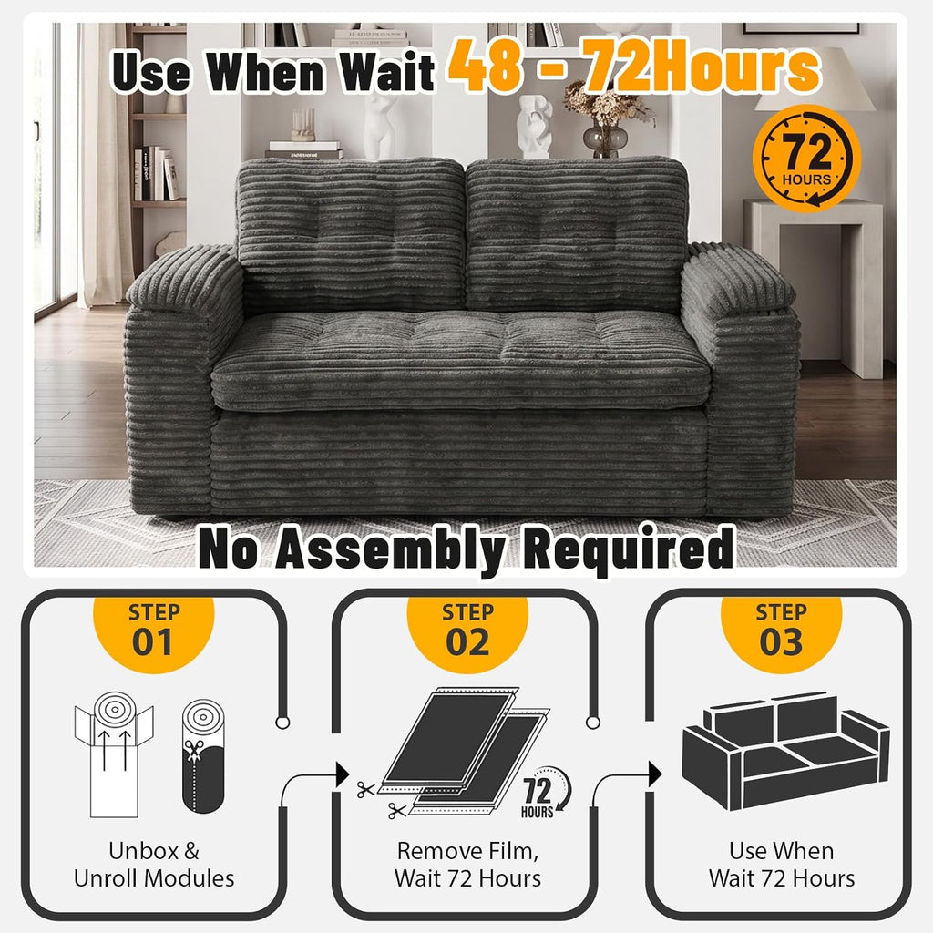 Boneless Loveseat Sofa, 58in Boneless Cloud Couch for Living Room 2 Seater Modern Lounge Sleeper Couch with Removable Cover Corduroy Sofa with Armrest, Dark Grey