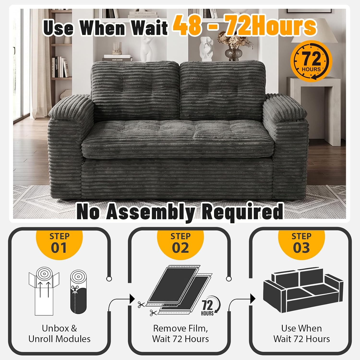 Boneless Loveseat Sofa, 58in Boneless Cloud Couch for Living Room 2 Seater Modern Lounge Sleeper Couch with Removable Cover Corduroy Sofa with Armrest, Dark Grey