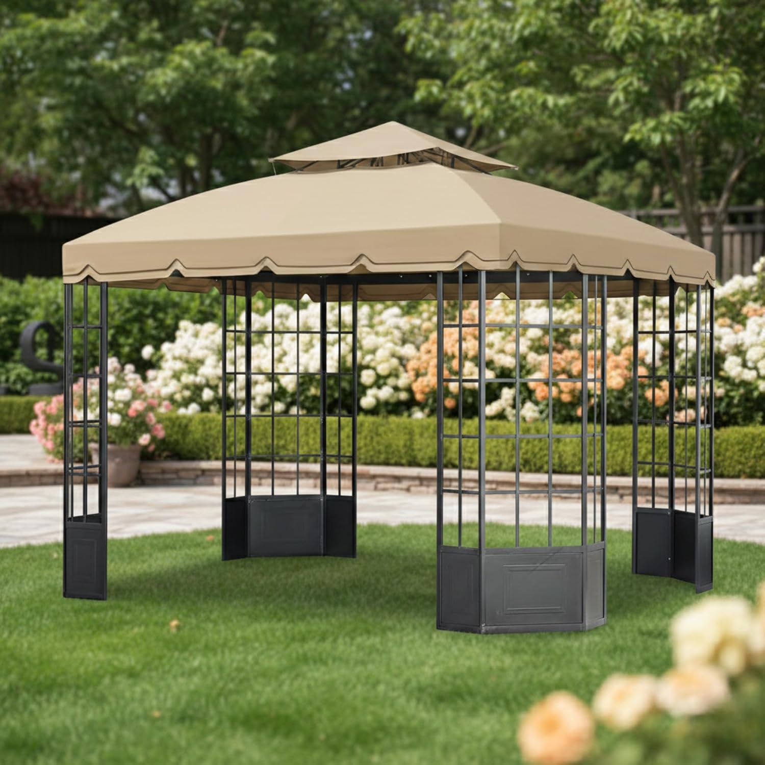 Garden Winds Reinforced RipLock 350 Replacement Canopy Top Cover Compatible with Bay Window 10' x 12' Gazebo Models L-GZ120PST-2, L-GZ120PST-2D - Beige