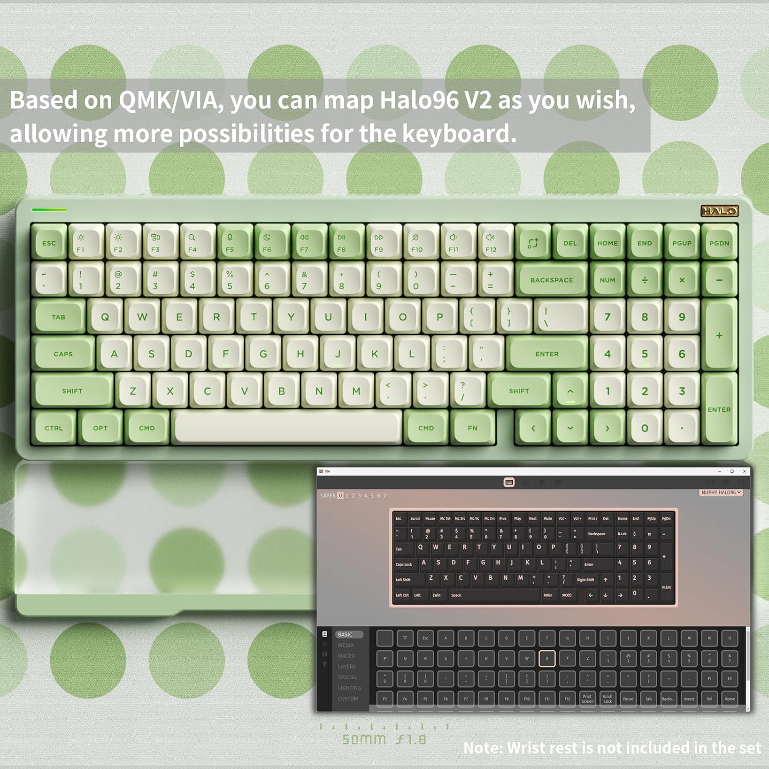 nuphy Halo96 V2 Wireless Mechanical Gaming Keyboard, Gasket Structure, 96% Hot Swappable, 99 Keys RGB Backlit, Bluetooth/USB-C/2.4GHz, Raspberry Switches (46gf), Green