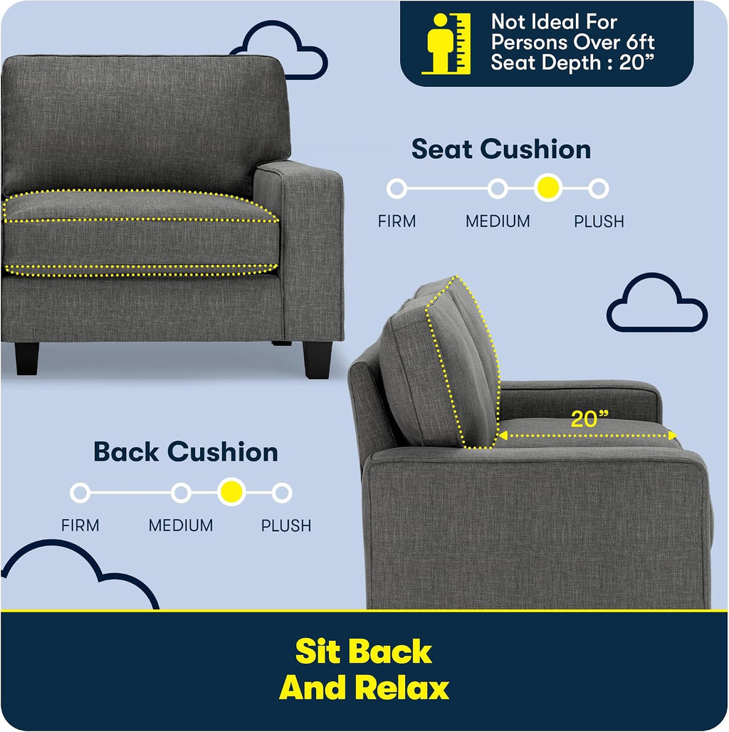 Serta Palisades 73' Track Arm Sofa, Easy Care Polyester, Soft Pillow Back, Pocket Coil Seat Cushions, Removable Covers, Loveseat or Couch for Small Spaces, Living Rooms or Bedrooms, Gray