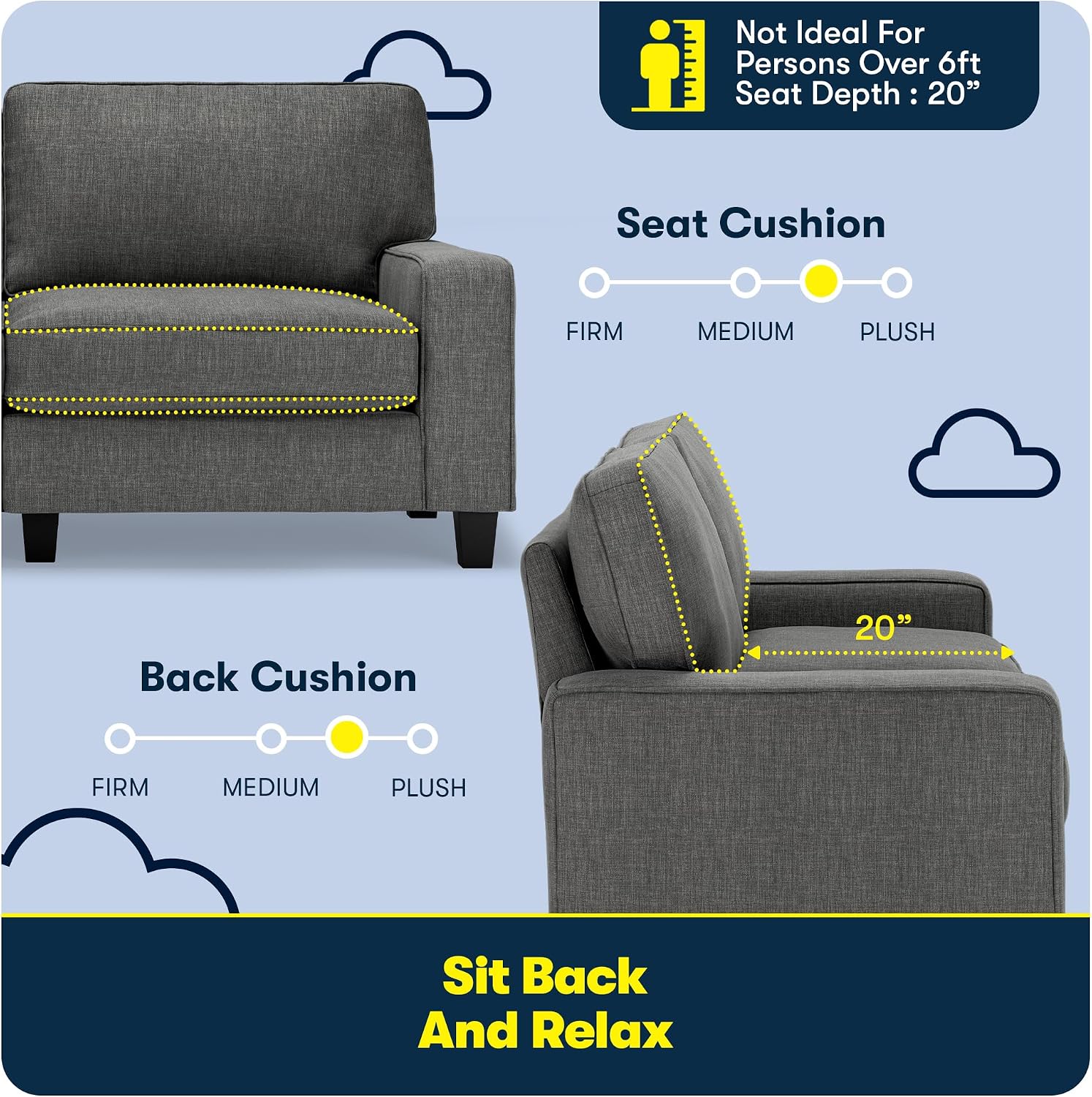 Serta Palisades 73' Track Arm Sofa, Easy Care Polyester, Soft Pillow Back, Pocket Coil Seat Cushions, Removable Covers, Loveseat or Couch for Small Spaces, Living Rooms or Bedrooms, Gray