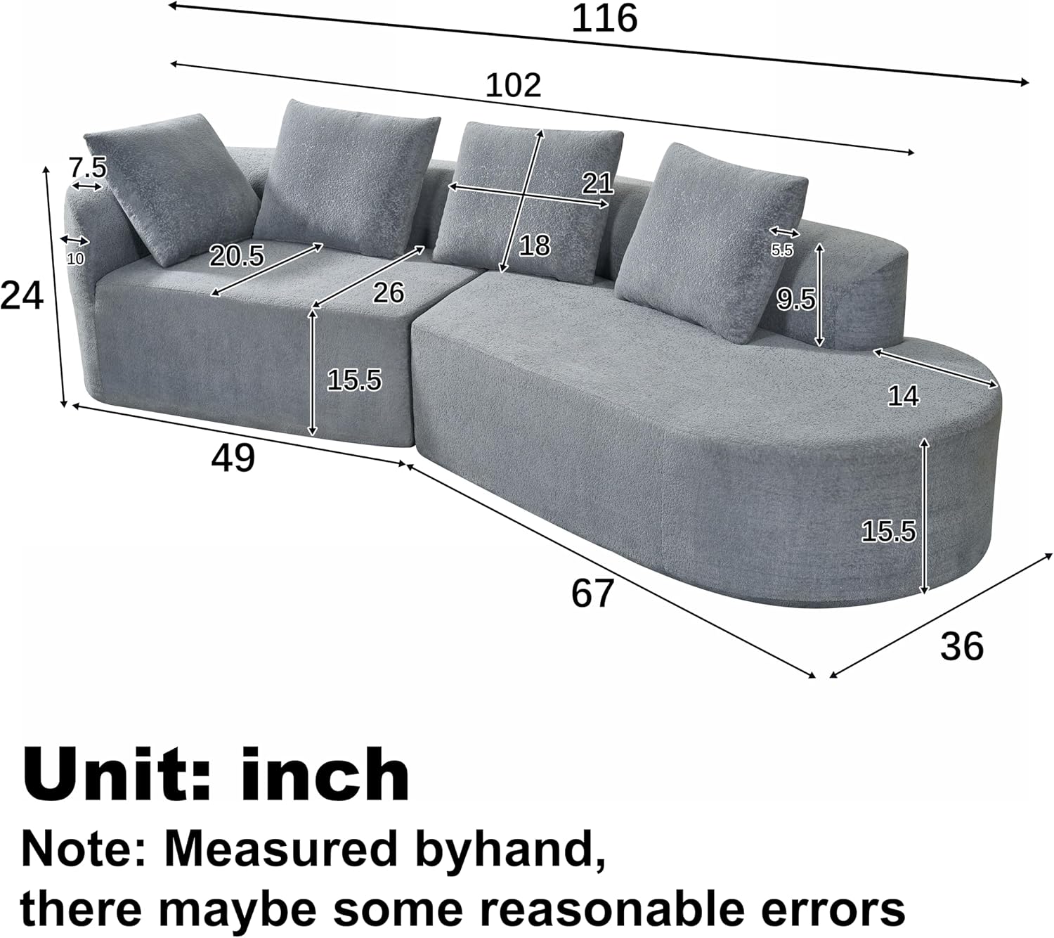 Merax 116' Curved Polyester Sectional Sofa, Modern Pearl Upholstery 3 Seat Cloud Couch with Chaise Lounge & 4 Pillows for Living Room, Light Gray