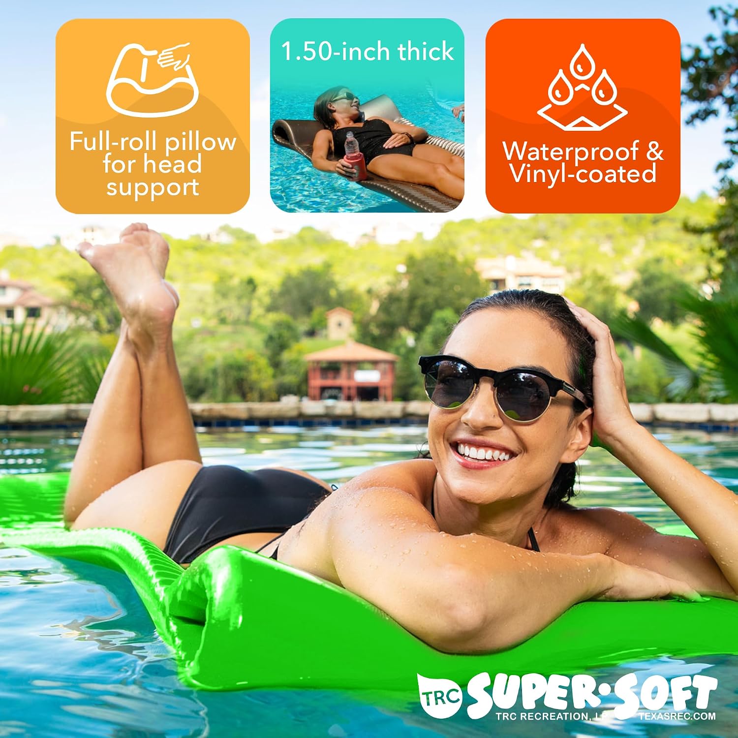 TRC Recreation Serenity 1.5' Thick Vinyl Coated Foam Swimming Pool Float Mat Adult Lounger with Built-in Roll Pillow