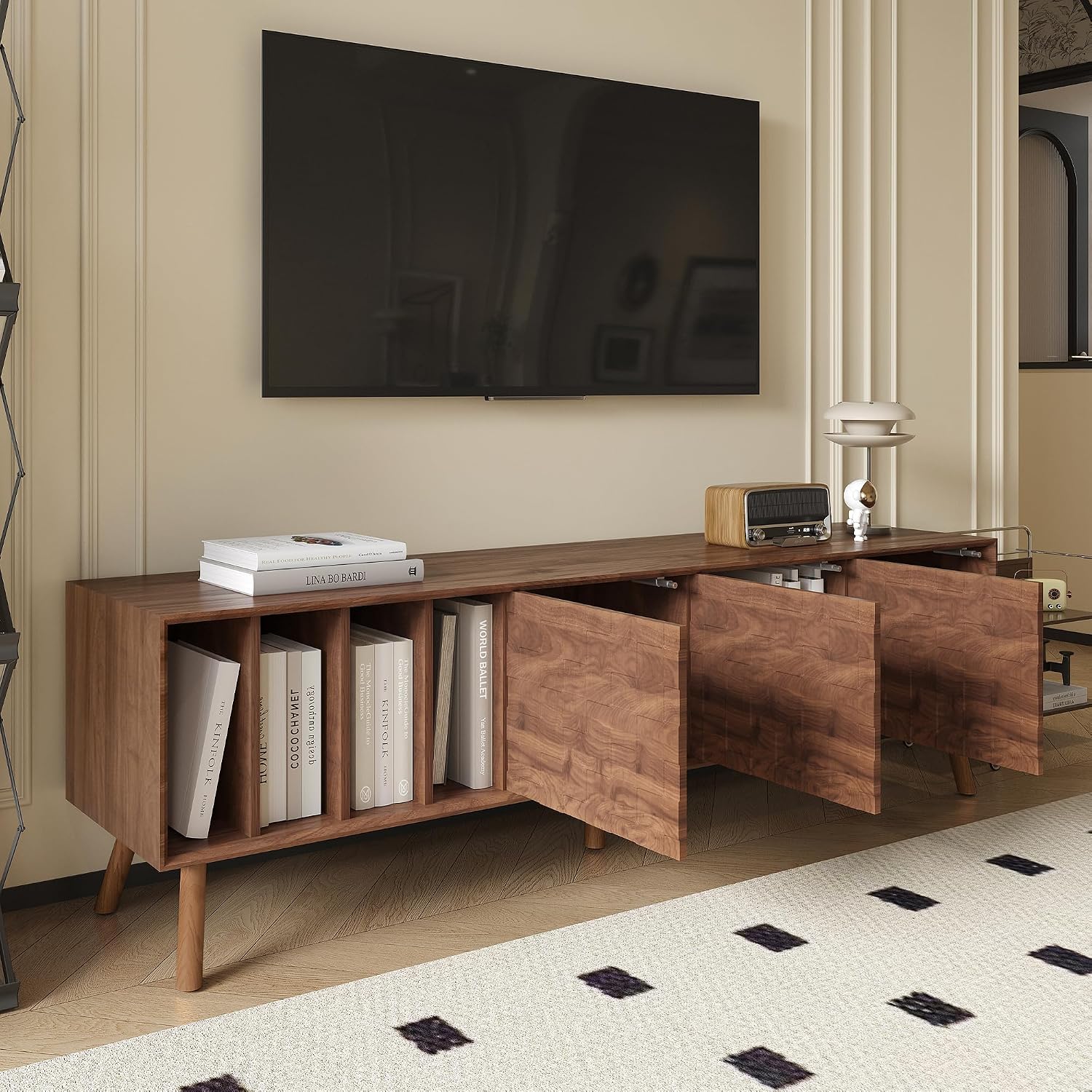 Merax 70' TV Stand for TVs Up to 80', Modern Entertainment Center with 3 Doors and Vertical Open Shelves, Media Console with Unique Mosaic Front Design for Living Room