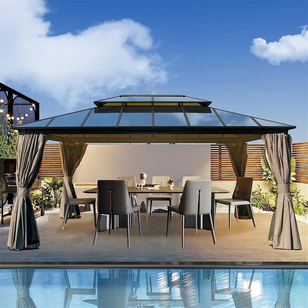 12x16ft Hardtop Gazebo, Permanent Outdoor Gazebo with Polycarbonate Double Roof, Aluminum Gazebo Pavilion with Curtain and Net for Garden, Patio, Lawns, Deck, Backyard, Wood Looking