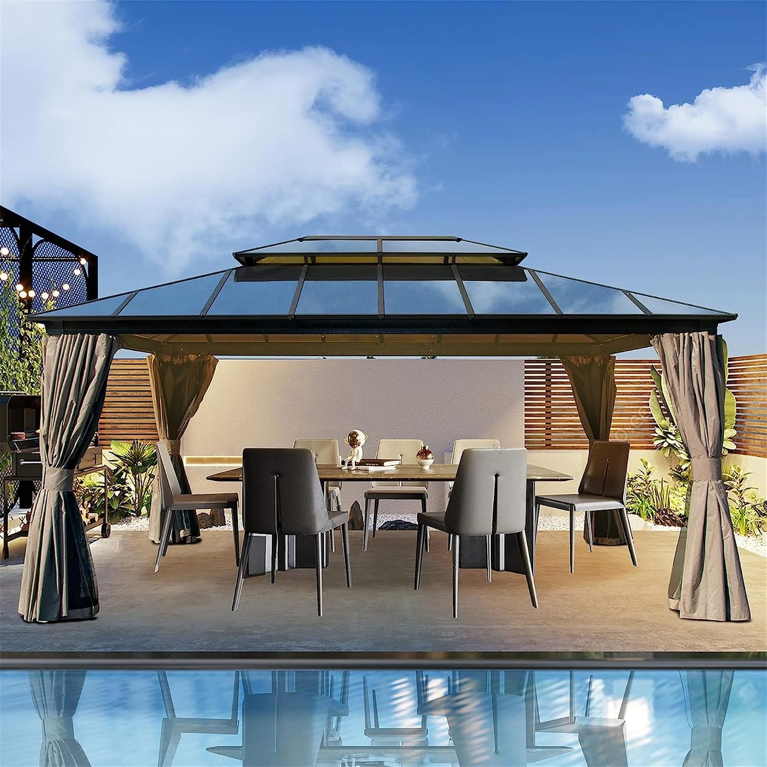 12x16ft Hardtop Gazebo, Permanent Outdoor Gazebo with Polycarbonate Double Roof, Aluminum Gazebo Pavilion with Curtain and Net for Garden, Patio, Lawns, Deck, Backyard, Wood Looking