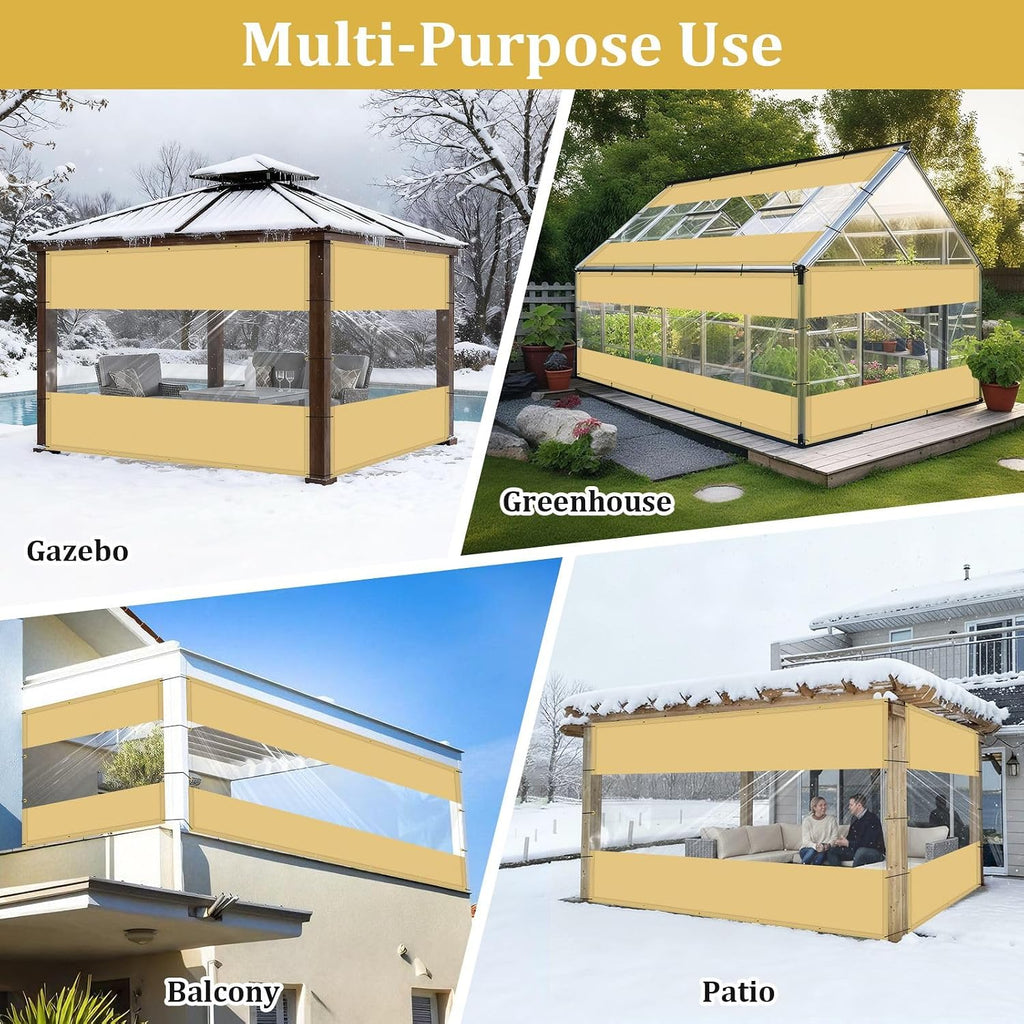 Shade&Beyond Outdoor Vinyl Curtain, 7'W x 17'L Heavy Duty Clear Tarp with Grommets Waterproof, Privacy Clear Panel UV-Resistant for Pergola Gazebos Porch Enclosure Patio(Customized Size, Beige)