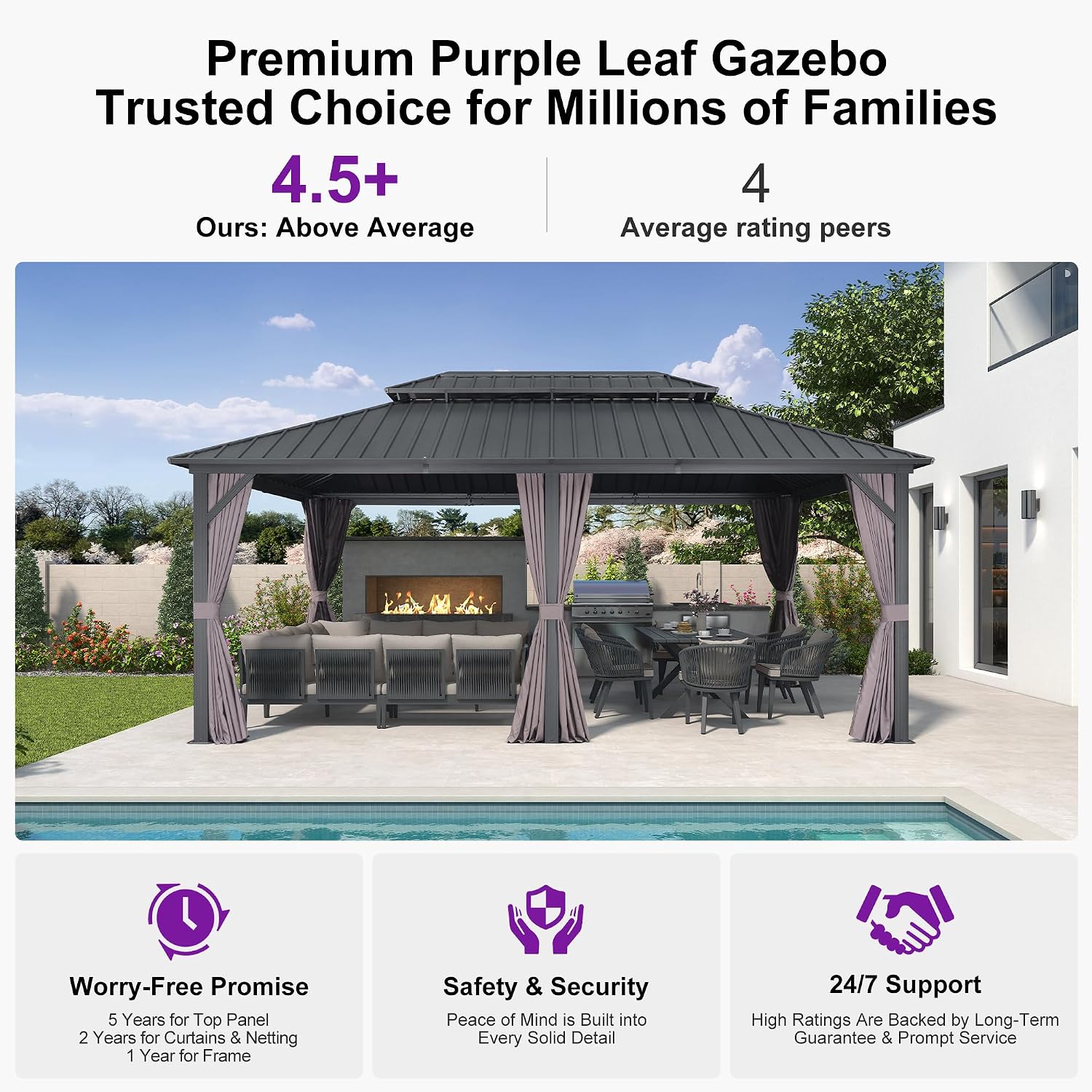 PURPLE LEAF 12'x18' Hardtop Gazebo with Lights Patio Outdoor Pavilion with Galvanized Steel Double Roof Includes Netting and Curtains for Garden Lawn Backyard Grey
