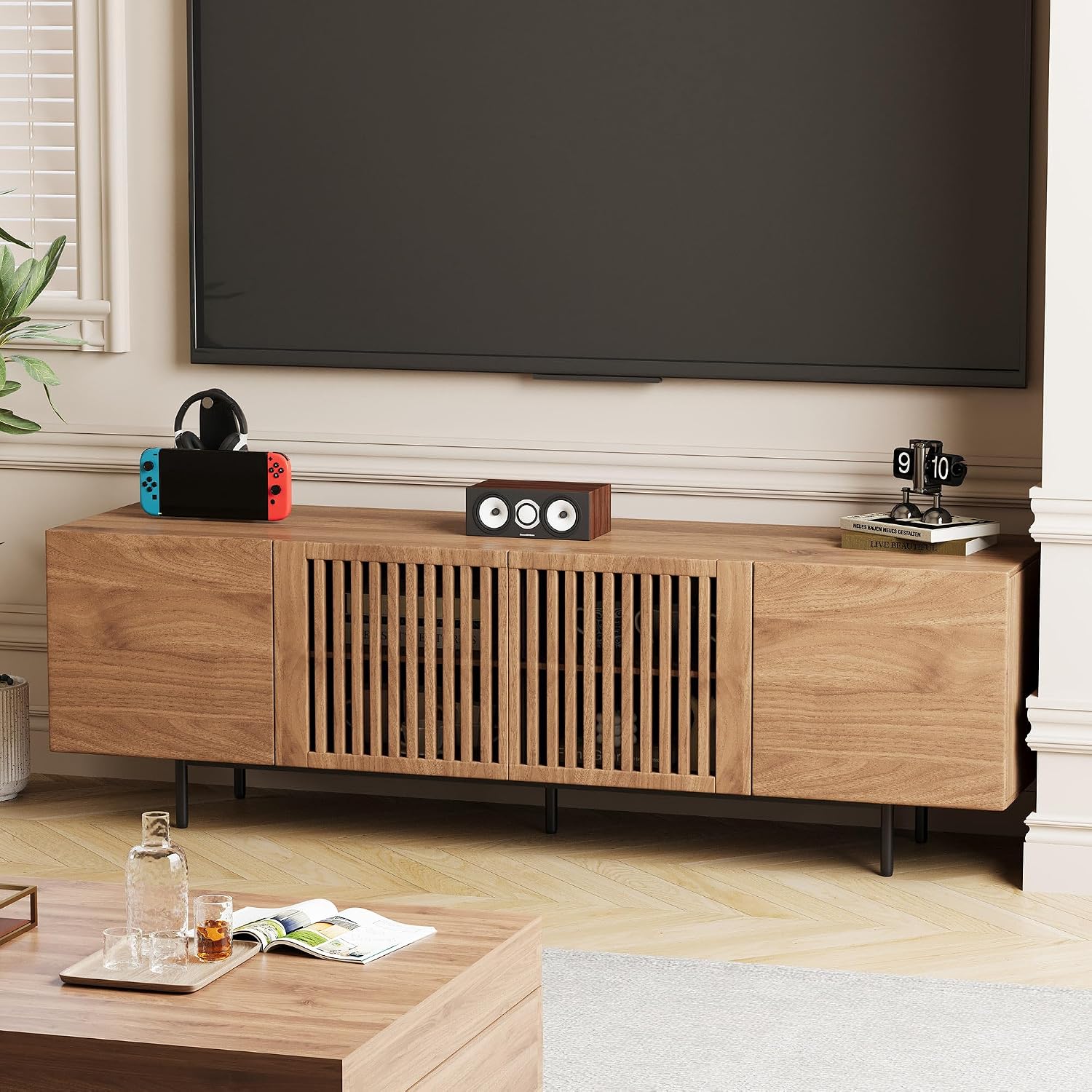 Mid Century Modern TV Stand for 70 Inch TVs, 70.87' Walnut Console with Ample Storage – Stylish Entertainment Center for Living Room or Bedroom