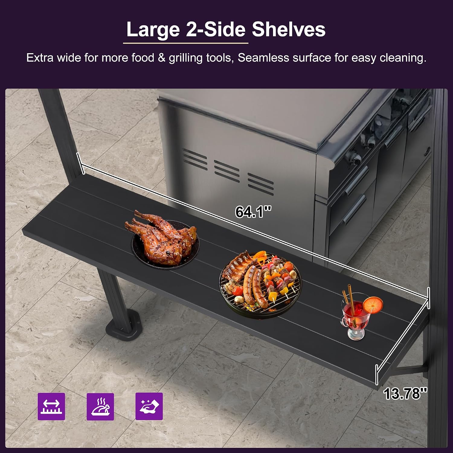 PURPLE LEAF 6.5' X 10' Hardtop Grill Gazebo for Patio Aluminum Barbeque Canopy with 24 Clear Light Bulbs and Shelves Double Tiered Grey Outdoor BBQ Gazebo