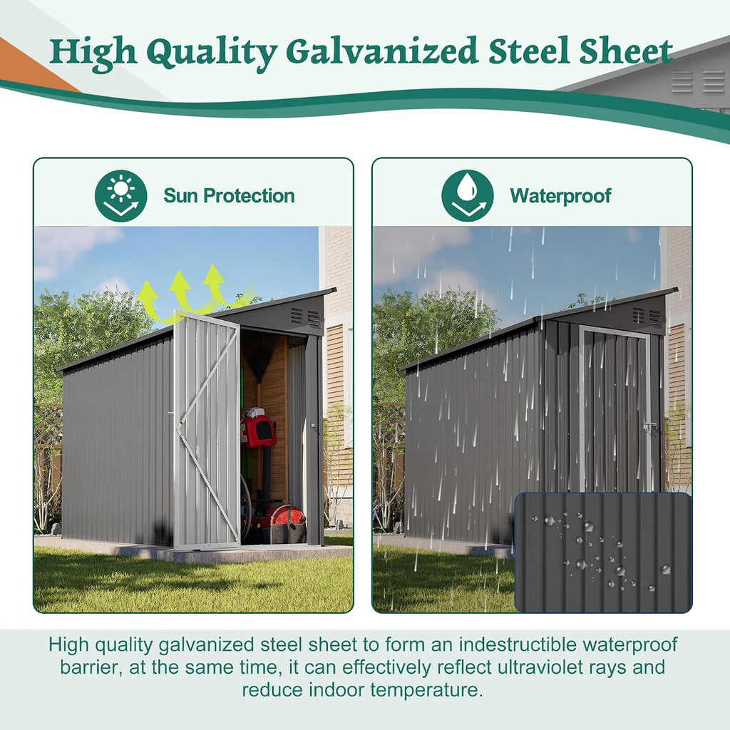 YOPTO 4×8 FT Lean to Metal Shed,Outdoor Heavy-Duty Storage Shed with Floor Base,All Weather Waterproof Garden Tool House W/Lockable Door&2 Air Vents,Reversible Door Design,for Backyard,Patio,Lawn,Gray