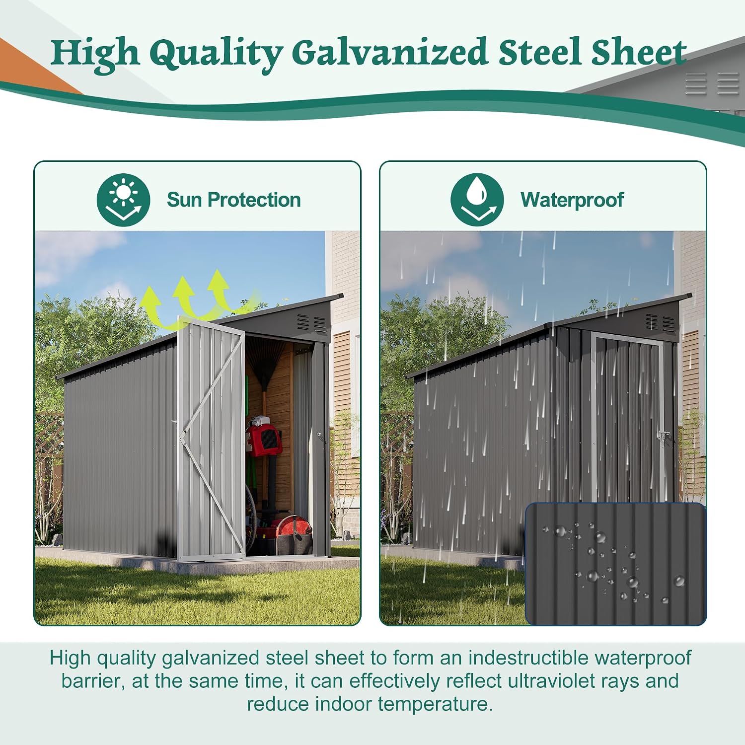 YOPTO 4×8 FT Lean to Metal Shed,Outdoor Heavy-Duty Storage Shed with Floor Base,All Weather Waterproof Garden Tool House W/Lockable Door&2 Air Vents,Reversible Door Design,for Backyard,Patio,Lawn,Gray