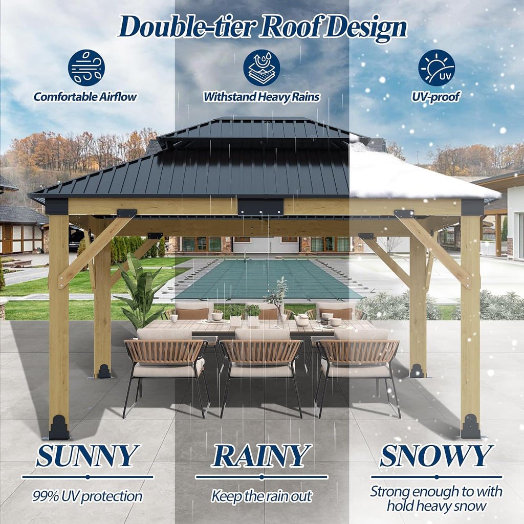 COVERONICS 11FT x 13FT Outdoor Wooden Gazebo - Patio Wood Frame Gazebo with Galvanized Steel Hardtop, Heavy-Duty Hardtop Gazebos for Garden, Poolside, Deck, Backyard