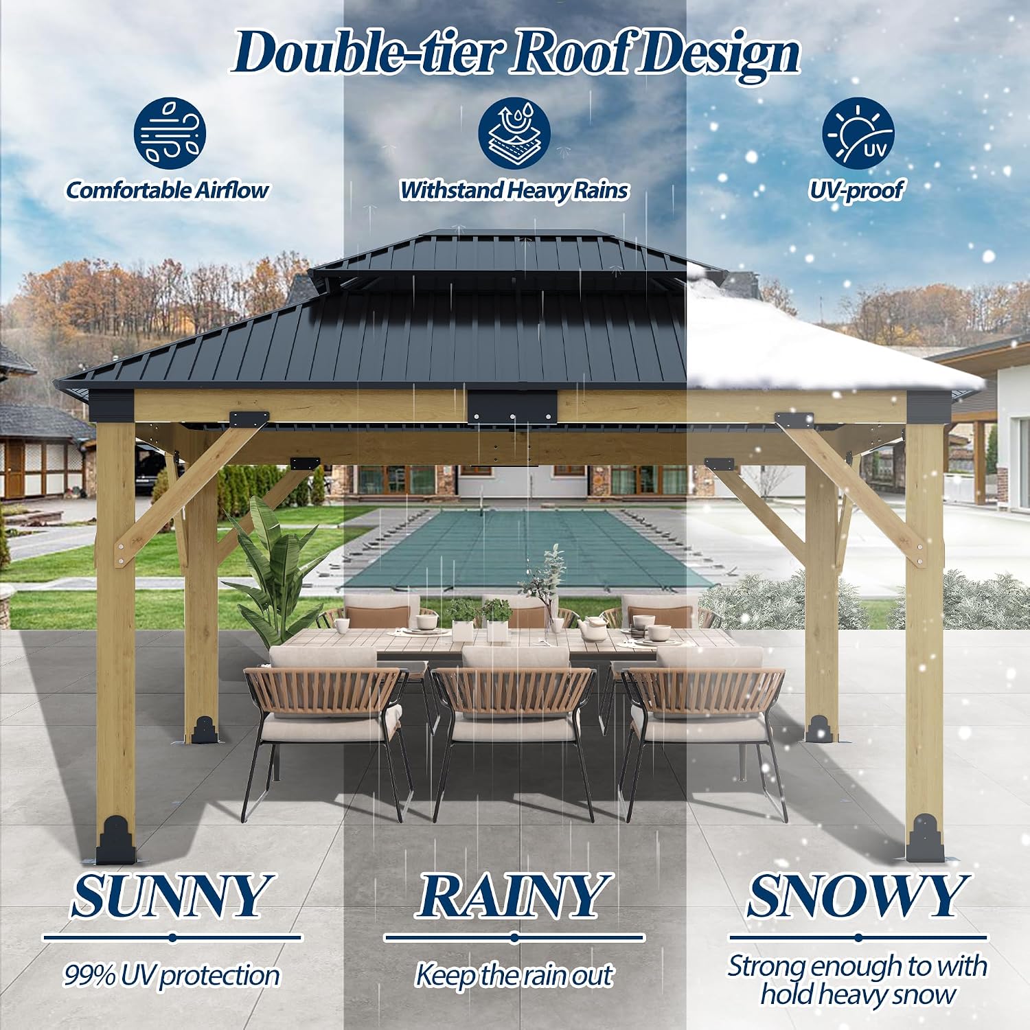 COVERONICS 11FT x 13FT Outdoor Wooden Gazebo - Patio Wood Frame Gazebo with Galvanized Steel Hardtop, Heavy-Duty Hardtop Gazebos for Garden, Poolside, Deck, Backyard