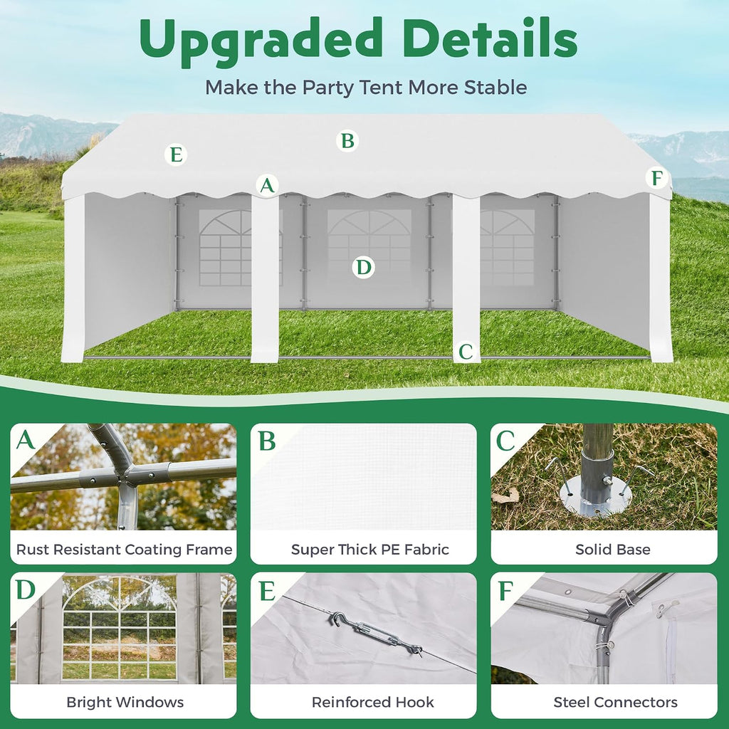 EROMMY 20X30FT Party Tent, White Outdoor Wedding Canopy with Removable Sidewalls and Church Windows, Heavy Duty Pavilion Shelter for Events, Celebrations, and Gatherings