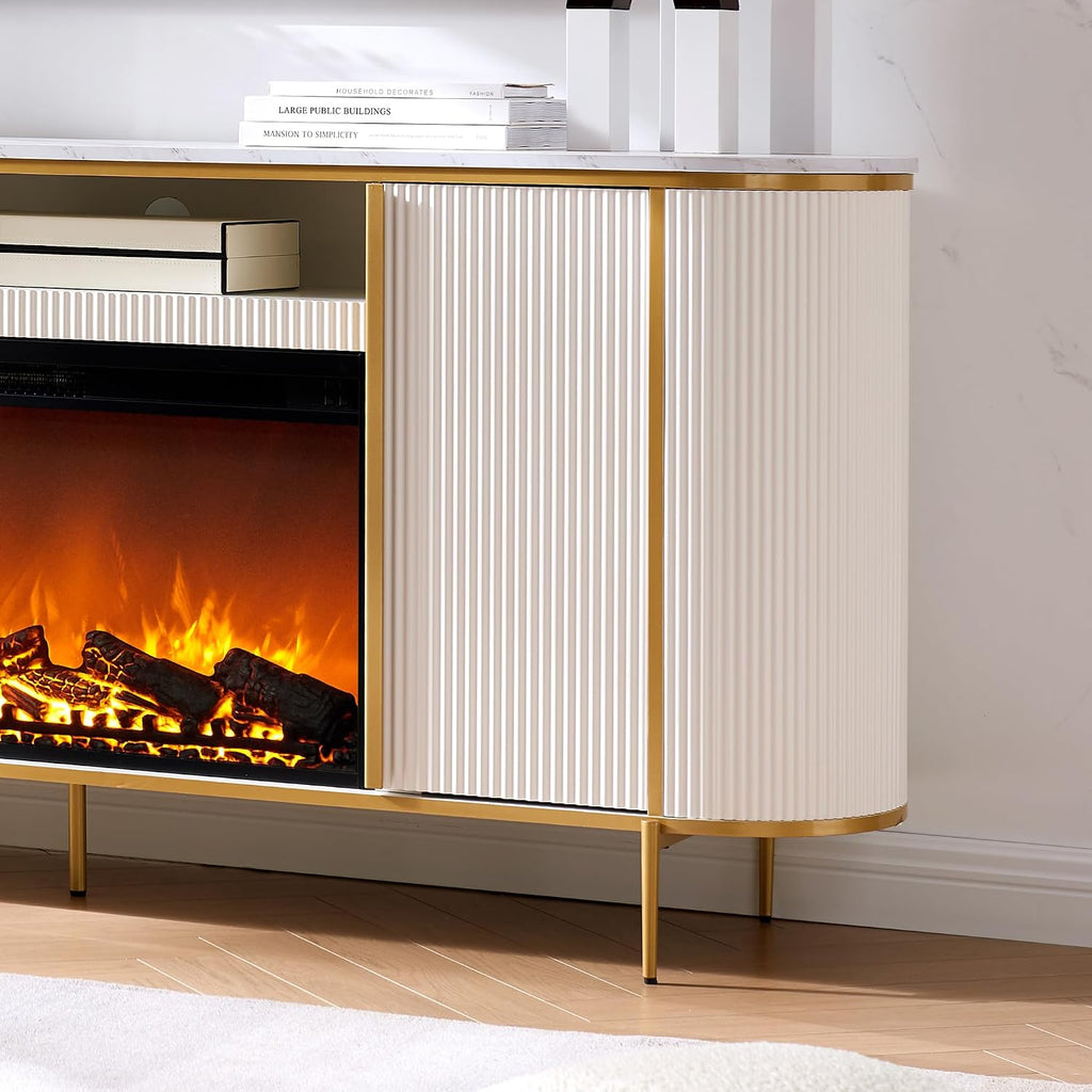 OKD Luxury 70' Fluted Fireplace TV Stand, Modern Chic Entertainment Center for TVs Up to 80 inches, TV Console with Faux Marble Top, Curved Profile Design, Media Console for Living Room, Off White