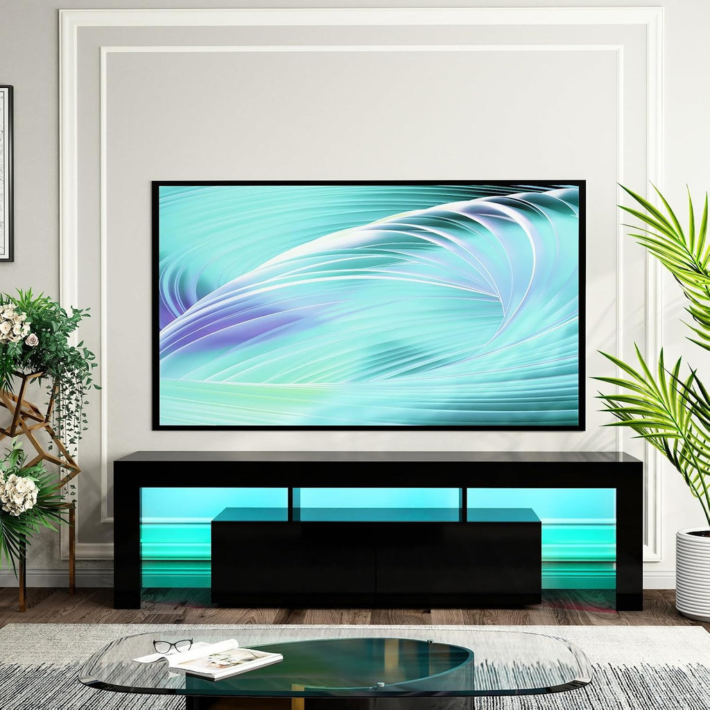 Black TV Stand, 65 70 75 80 inch Wood TV Stand, High Glossy Entertainment Center with Large Storage＆Glass Display Shelf, LED Modern Media Gaming Cabinet TV Console for Livingroom