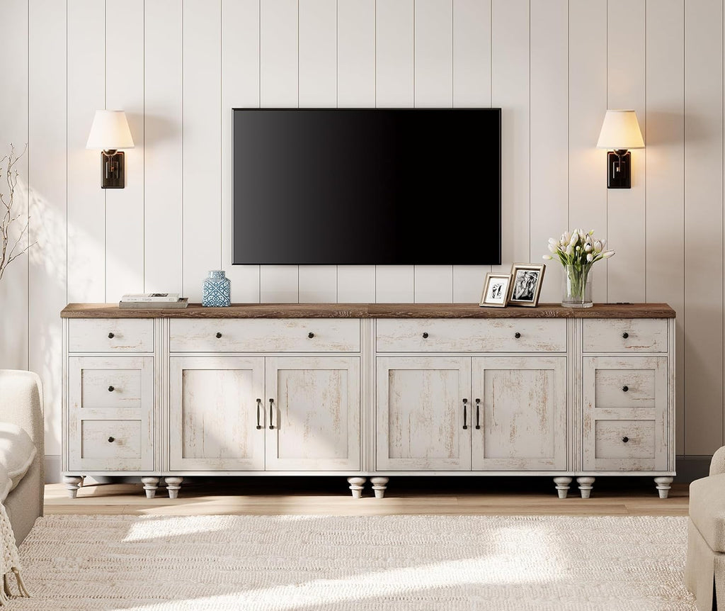 WAMPAT Farmhouse TV Stand for 100 Inch TV, 4-in-1 TV Console Table for 75/80/85/90 Inch TV, Entertainment Center with Charging Station, Kitchen Sideboard Buffet Cabinet for Dining Room, Rustic White