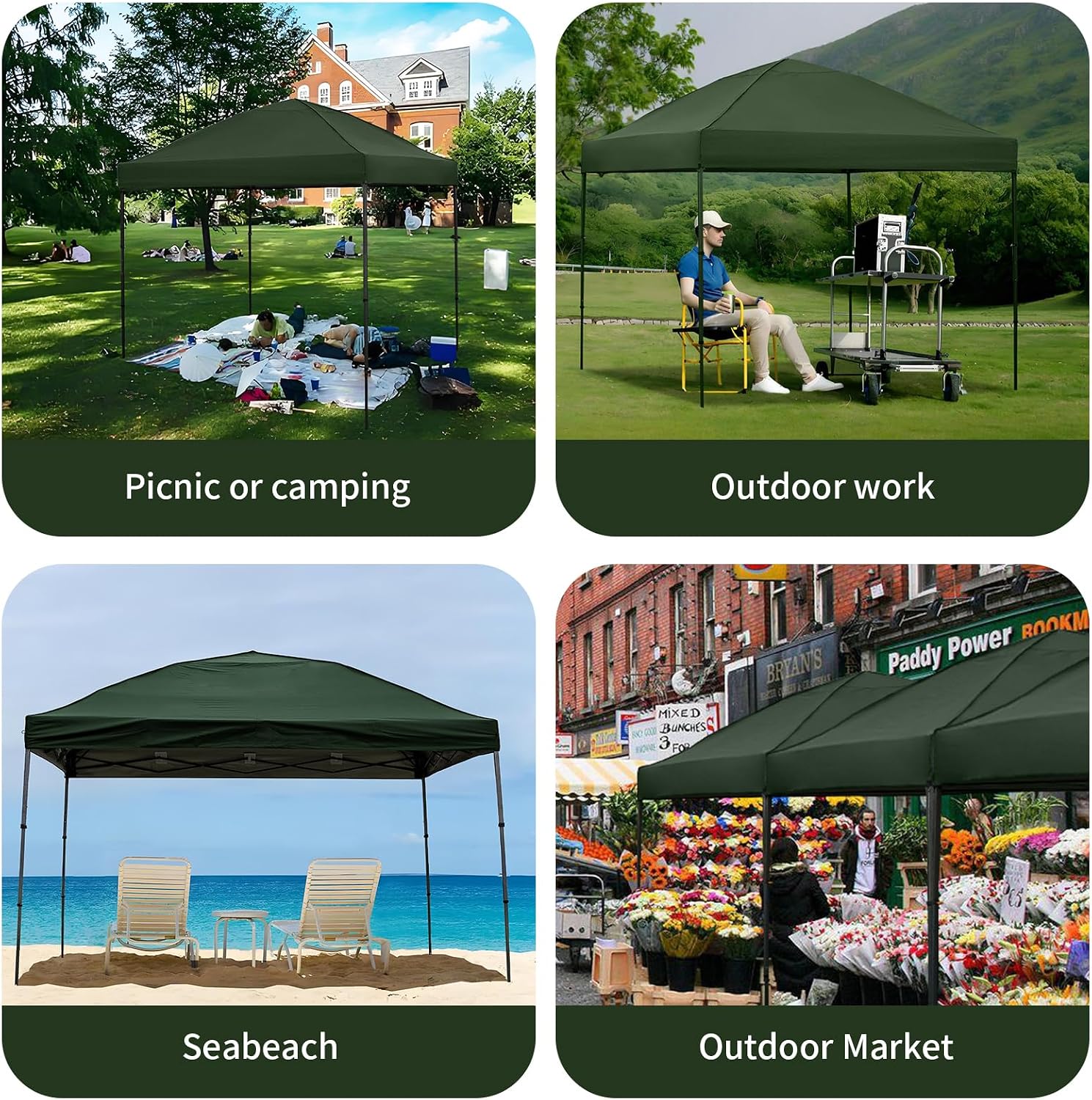 10x10 Pop Up Canopy Tent with 2 Sidewalls, Easy Up Canopy Outdoor Party Sun Shade Tent Portable Gazebo for Beach Camping Events with Carry Bag and 4 Sand Bags(Dark Green)