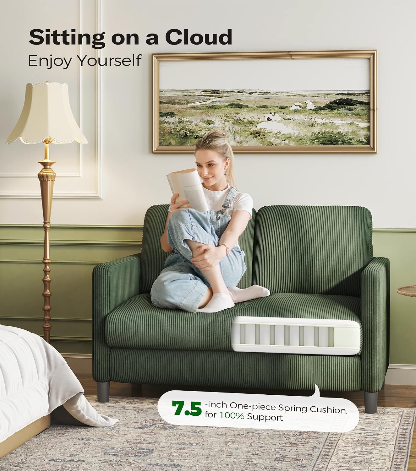 Welzona Loveseat Sofa, 51' Love Seat, Comfy Corduroy Small Loveseat for Small Spaces, Tool-Free Setup Couch for Bedroom, All-Wood Couches for Living Room, Green