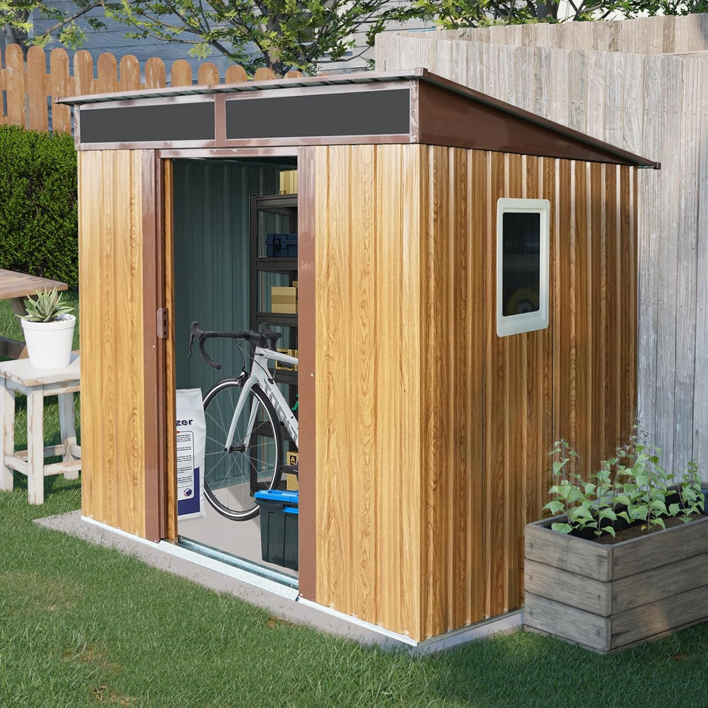 GDFStudio 6ft x 5ft Outdoor Metal Storage Shed with Window and Foundation Frame, Garden Tool Storage House with Lockable Door, Sloped Roof, and Ventilated Design for Backyard,Patio, Lawn,Coffee Brown