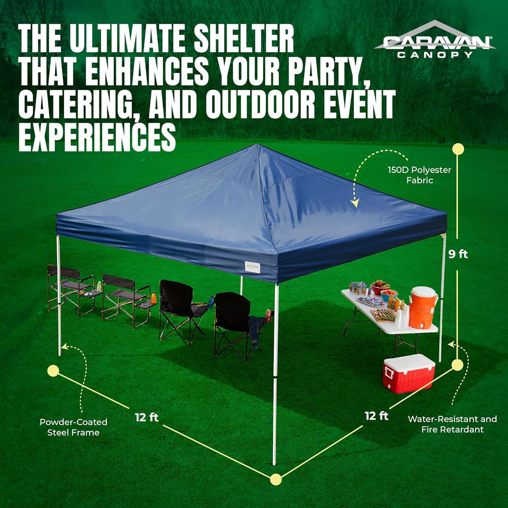Caravan Canopy 12 by 12 Foot Polyester Straight Steel Leg Instant Pop Up Canopy Tent with Adjustable Height for Outdoor Events, Blue