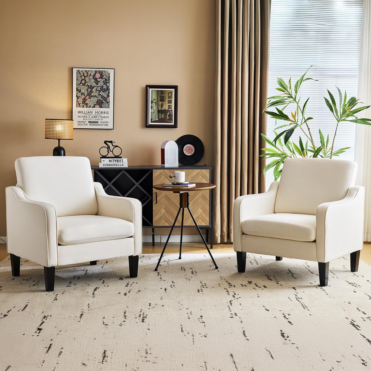 VINGLI Mid Century Modern Accent Chair, Beige Fabric Accent Chairs for Living Room Upholstered Armchair Sofa with Scooped Arms for Bedroom, Apartment, Studio, Office, Waiting Room