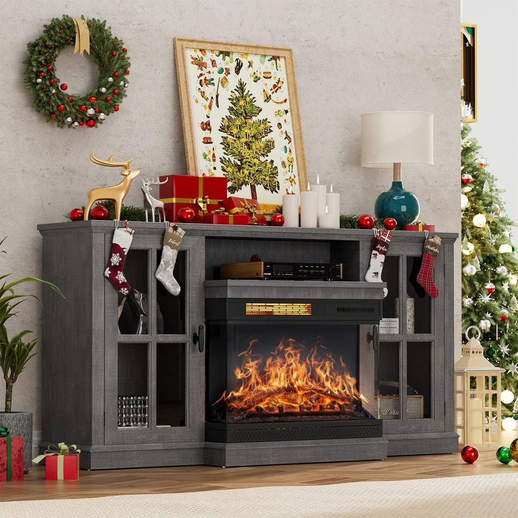 YESHOMY Glass Fireplace TV Stand for Televisions up to 65', Media Entertainment Center Console Table with Doors Closed Storage, Grey Wash