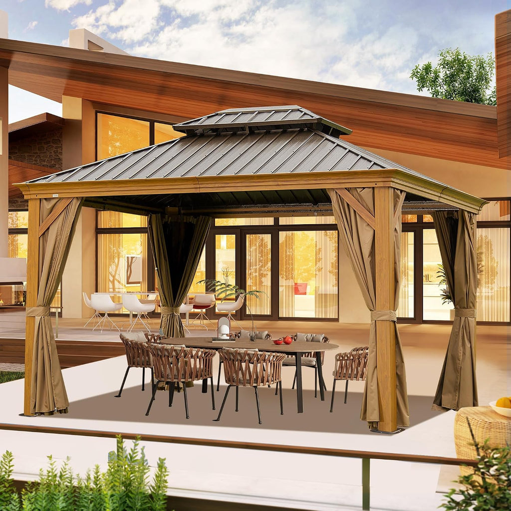 GOWE 10' X 14' Hardtop Gazebo Outdoor Metal Gazebo Canopy with Galvanized Steel Double Roof, Wood Grain Aluminum Frame, Curtains and Netting for Patio, Deck, Garden
