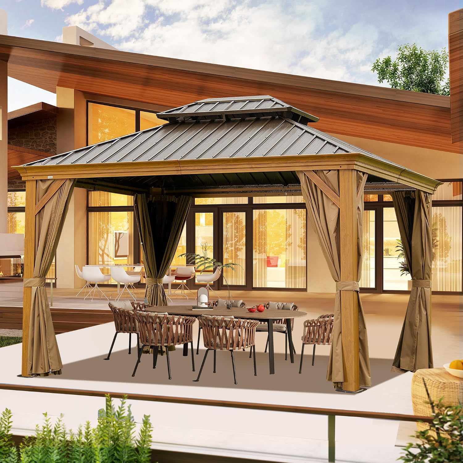 GOWE 10' X 14' Hardtop Gazebo Outdoor Metal Gazebo Canopy with Galvanized Steel Double Roof, Wood Grain Aluminum Frame, Curtains and Netting for Patio, Deck, Garden