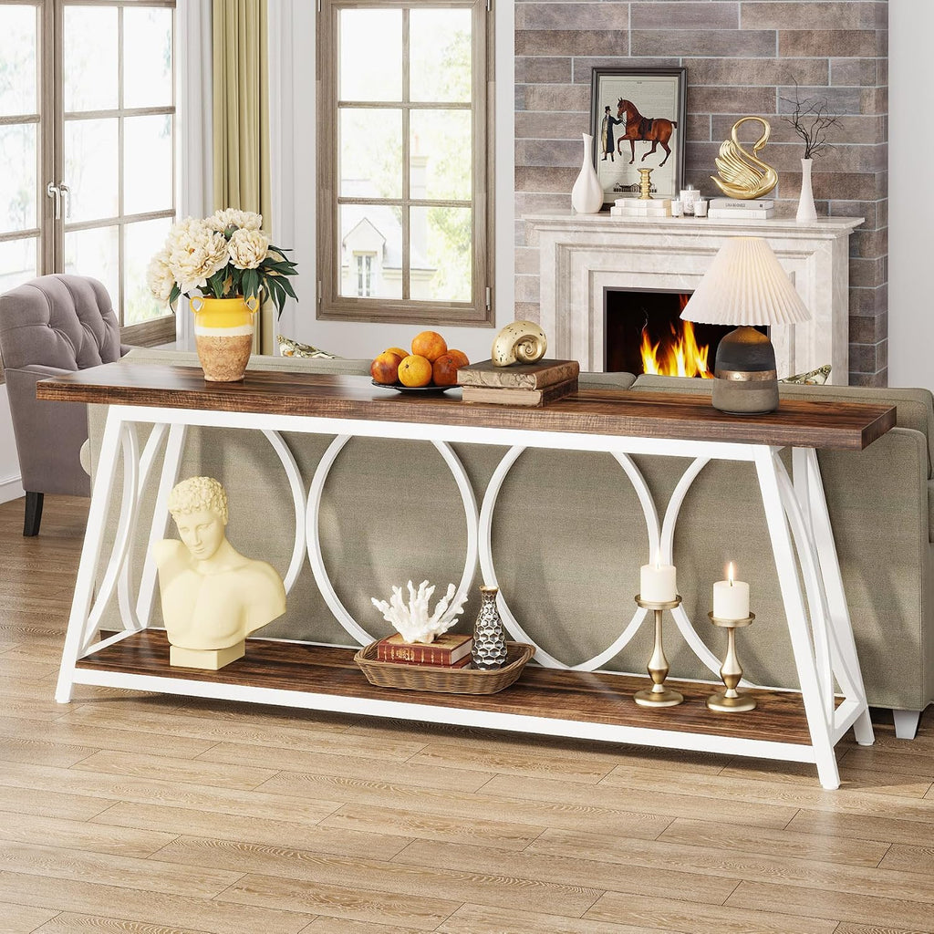 Tribesigns 70.9 inch Extra Long Console Table, Industrial Sofa Table Behind Couch with 2 Tier Storage Shelf, Narrow Entryway Hallway Accent Table for Living Room, White & Brown