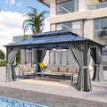 Aoxun 12x16FT Hardtop Gazebo, Aluminum Frame Permanent Pavilion with Curtains and Netting, Outdoor Polycarbonate Double Roof Canopy, Designed for Garden, Lawns, Patio