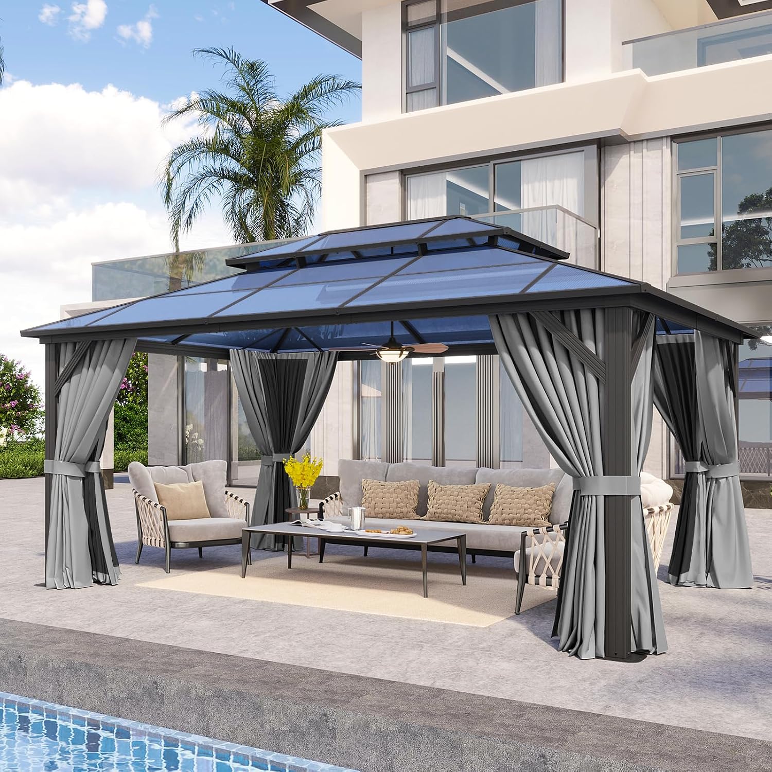 Aoxun 12x16FT Hardtop Gazebo, Aluminum Frame Permanent Pavilion with Curtains and Netting, Outdoor Polycarbonate Double Roof Canopy, Designed for Garden, Lawns, Patio