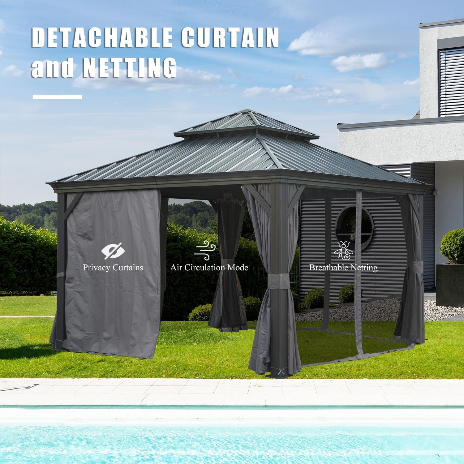 Domi 12x12 Outdoor Gazebo, Hardtop Gazebo with Aluminum Frame, Heavy Duty Pavilion Gazebo for Patio Deck Backyard, Curtain and Netting Included, Grey