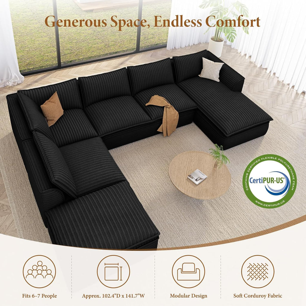 Vesgantti 141.7' Oversized Sectional Boneless Couch, Modern 7 Seater Modular Sofa with Chaise & Ottoman, Deep Seat Plush Corduroy Cloud Couches for Living Room, No Assembly Required, Black