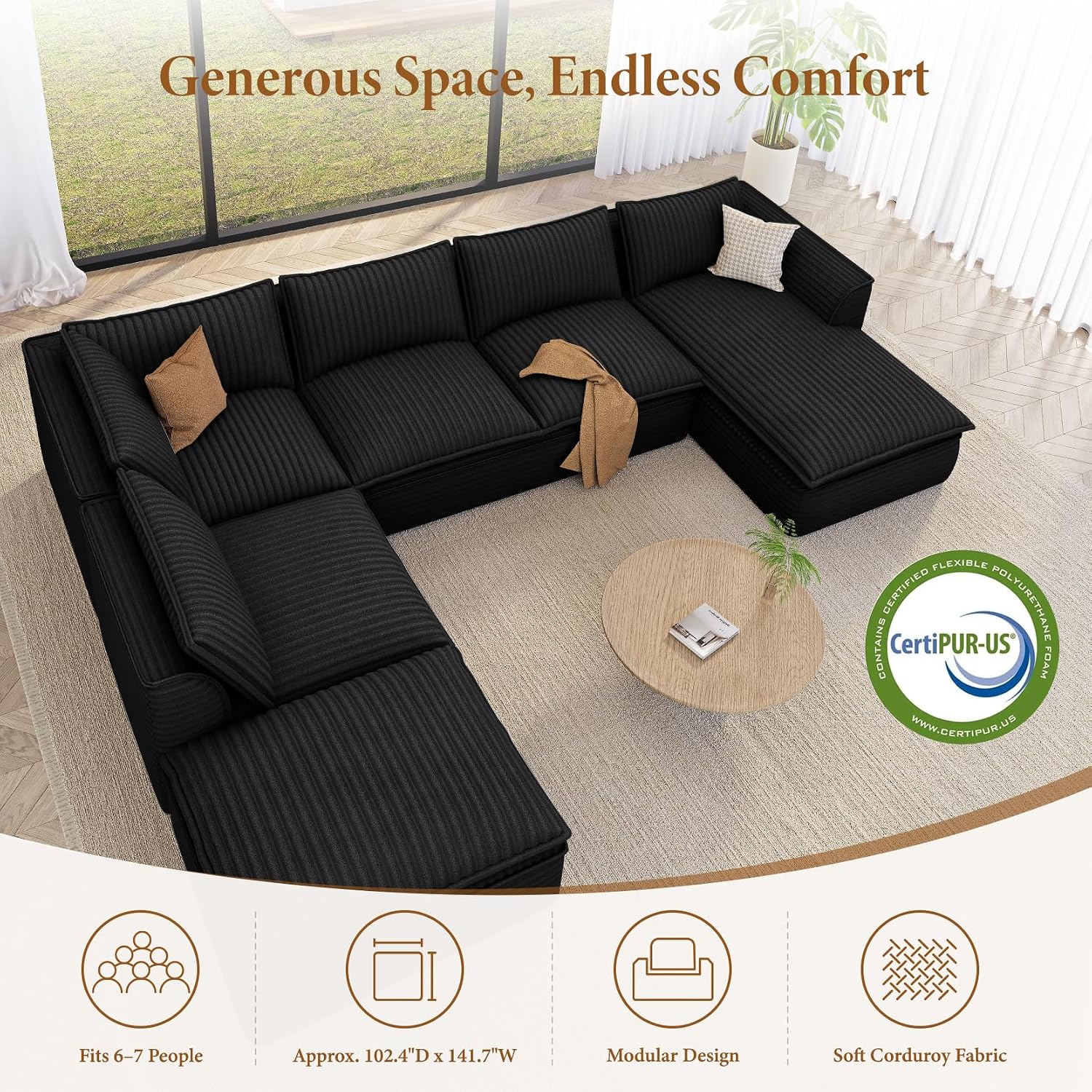 Vesgantti 141.7' Oversized Sectional Boneless Couch, Modern 7 Seater Modular Sofa with Chaise & Ottoman, Deep Seat Plush Corduroy Cloud Couches for Living Room, No Assembly Required, Black