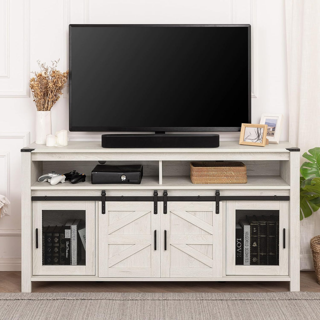 WAMPAT Farmhouse Entertainment Center for 65 Inch TVs, 59' Barn Door TV Stand with Sliding Barn Doors & Mesh Accents, Adjustable Farmhouse TV Stand with Storage for Living Room, Antique White